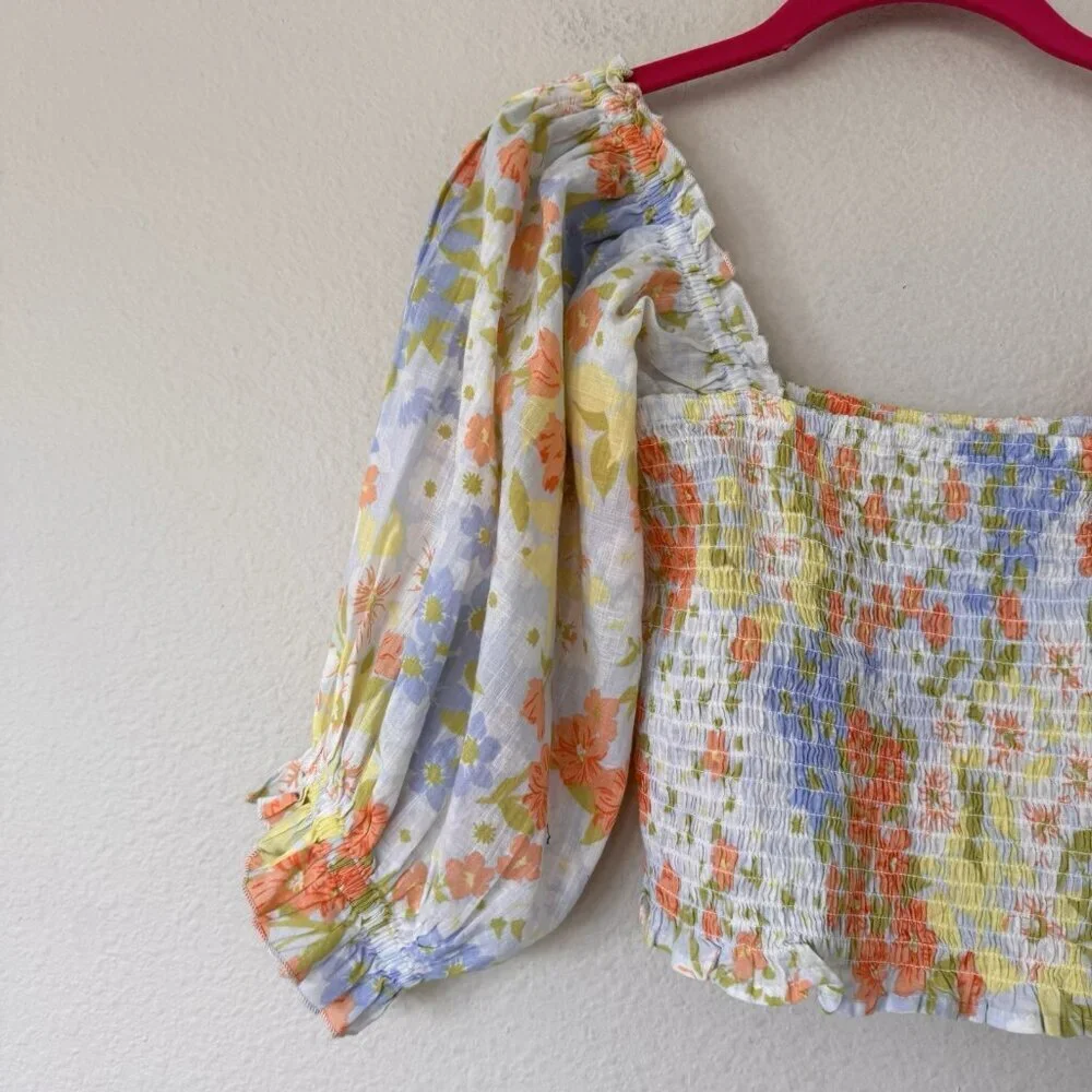 Billabong Feeling Groovy Puff Sleeve Floral Smocked Crop Blouse Top Blue Small - Picture 5 of 10